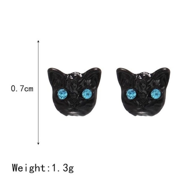 Spooky Black Cat Sparkling Blue Eyed Stud Earrings - Picture 4 of 4